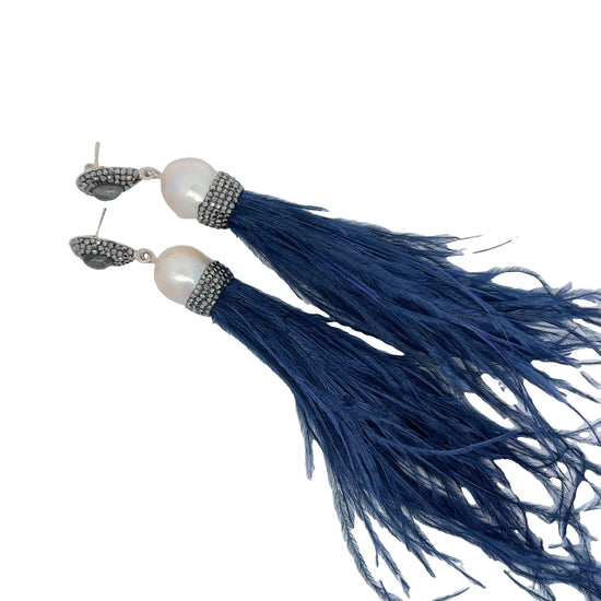 Navy Blue Sterling Silver Feather Statement Earring with Crystals - Born To Glam