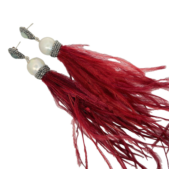 Red Feather Statement Earring with Crystals - Born To Glam