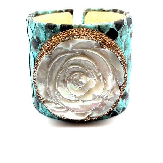 Turquoise Python Flower Pearl Cuff Bracelet - Born To Glam