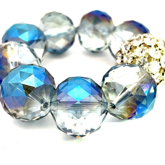 Blue Colorized Crystal Sphere Disco Ball Stretch Bracelet