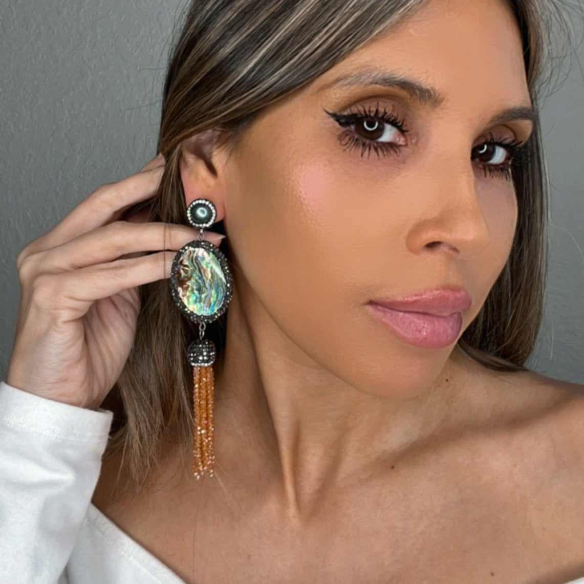 Camel Abalone and Crystal Tassel Earring - Born To Glam
