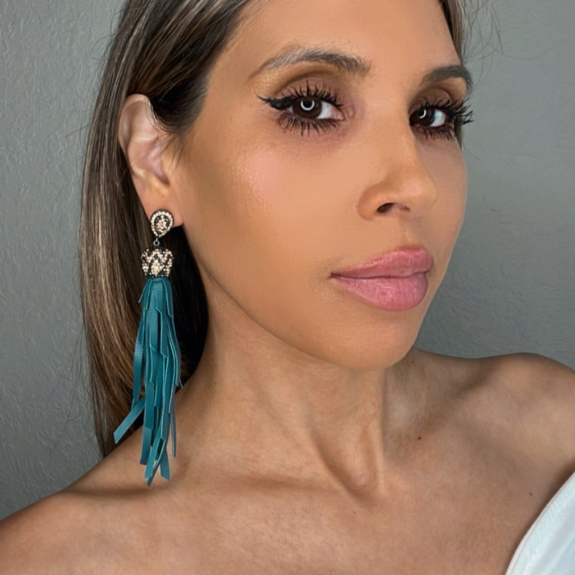 Teal Leather Tassel Earring - Born To Glam