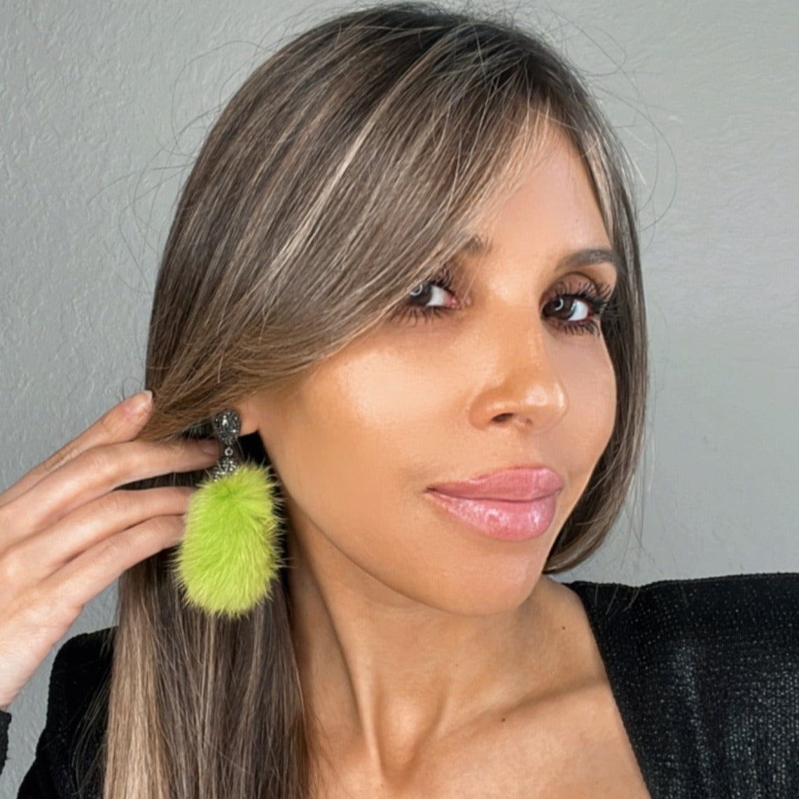 Lime Green Fur Drop Crystal Earring - Born To Glam