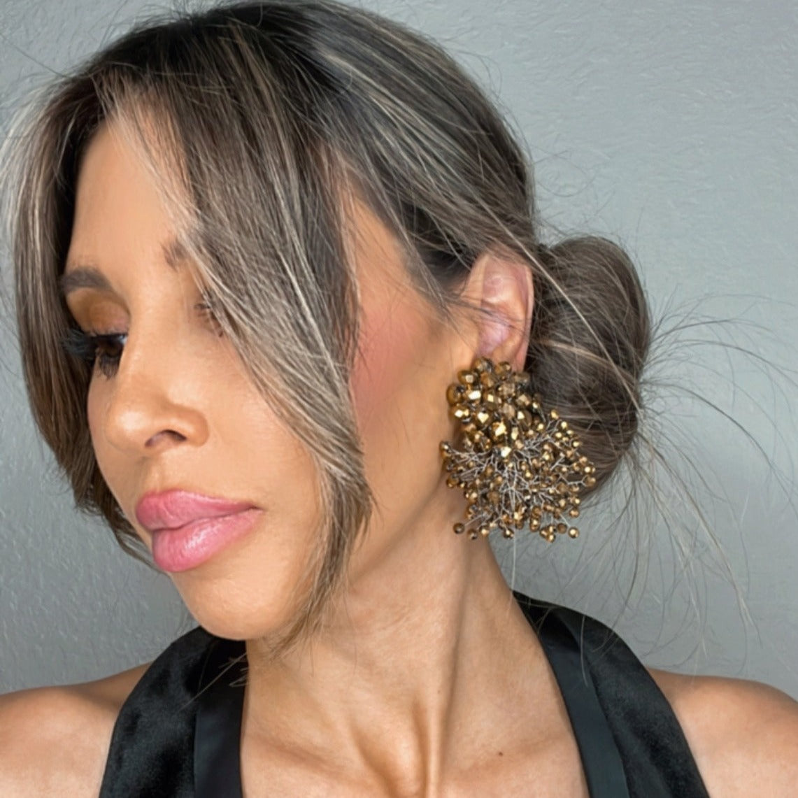 Gold Crystal Sculpture Statement Clip On Earring - Born To Glam