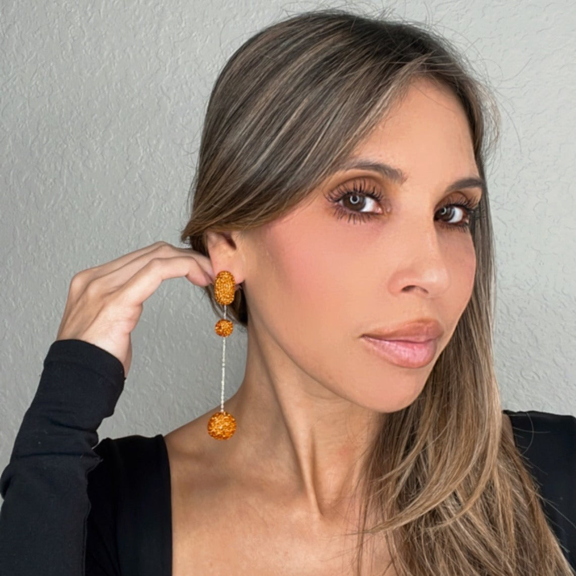 Orange Long Crystal Ball Sterling Silver Party Earring - Born To Glam