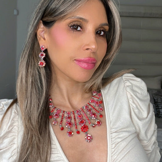 Red Iridescent Crystal Statement Necklace & Earring Set - Born To Glam