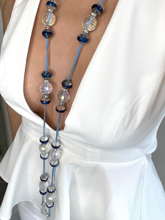 Blue Suede Colorized Crystal Long Necklace