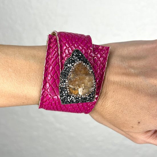 Pink Snakeskin Leather Wraparound Gemstone Bracelet