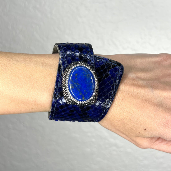 Royal Blue Snakeskin Leather Wraparound Gemstone Bracelet