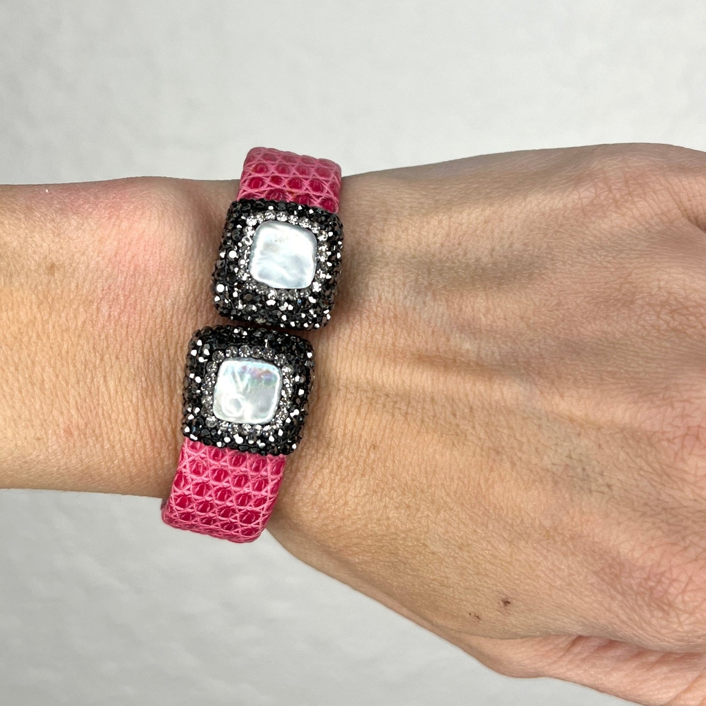 Pink & Pearl Small Splendor Gemstone Leather Cuff Bracelet