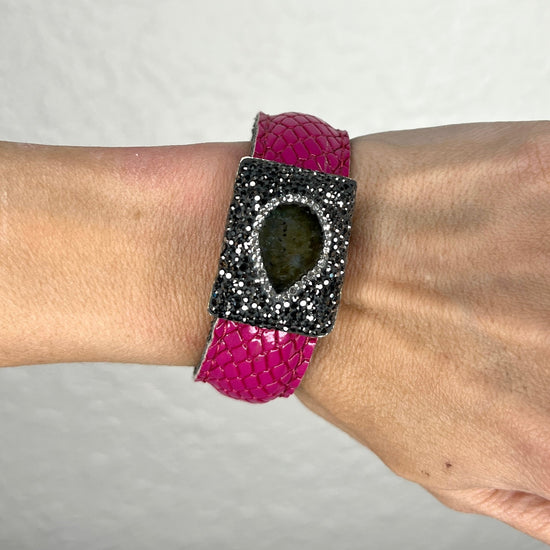 Hot Pink Leather Gemstone Bracelet Cuff