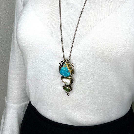 Large Turquoise Pearl Sterling Silver Pendant Necklace - Born To Glam