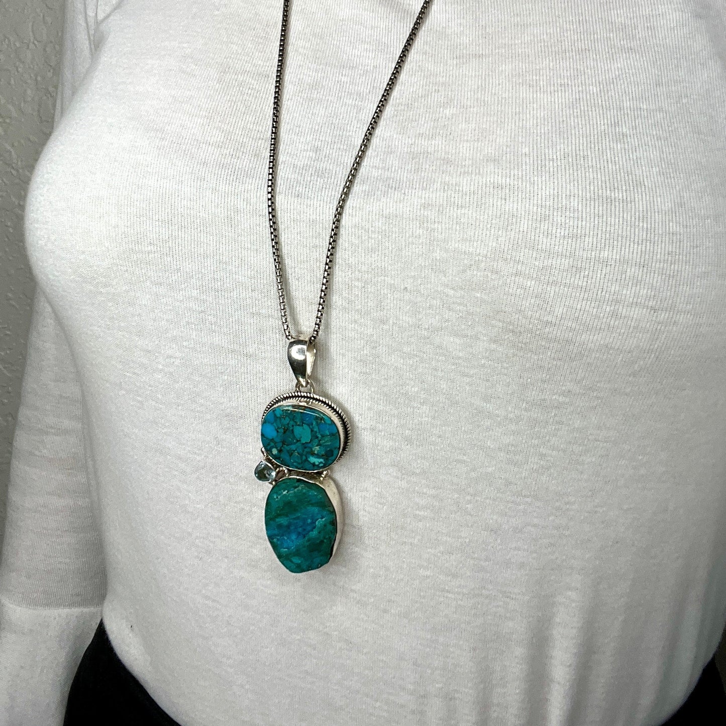 Turquoise Double Stone & Crystal Sterling Silver Pendant Necklace - Born To Glam