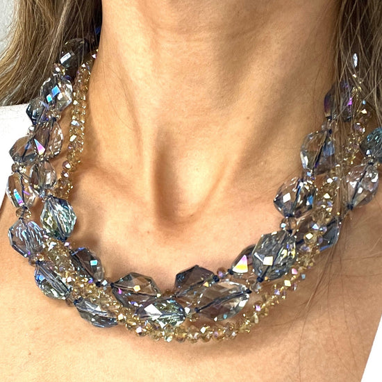 Blue Iridescent and Gold Crystal Multi-Layered Necklace - Born To Glam