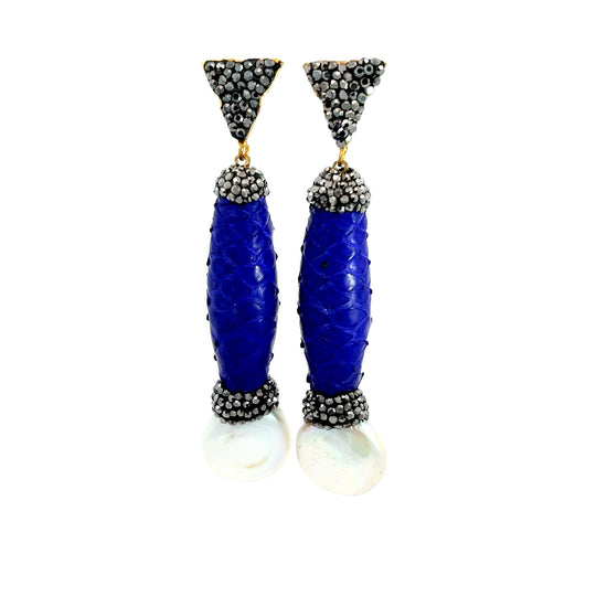 Blue Python Leather & Pearl Drop Earring - Born To Glam