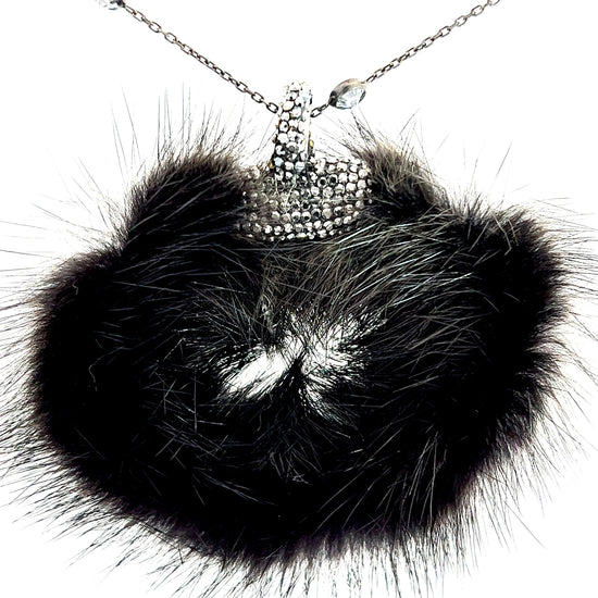 Black Circular Luxe Fur Crystal Pendant Sterling Silver Necklace - Born To Glam