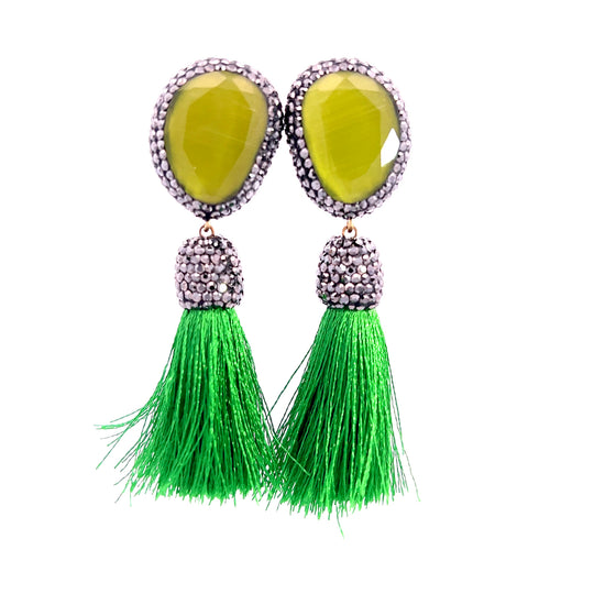 Kelly Green & Olive Gemstone Tassel Earring - Born To Glam