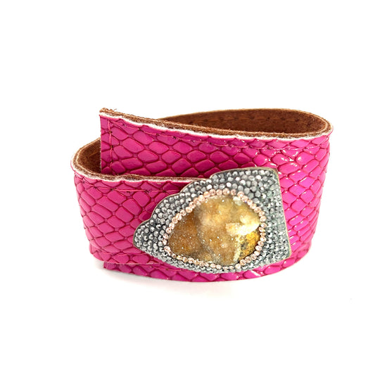 Hot Pink Snakeskin Leather Wraparound Gemstone Bracelet - Born To Glam