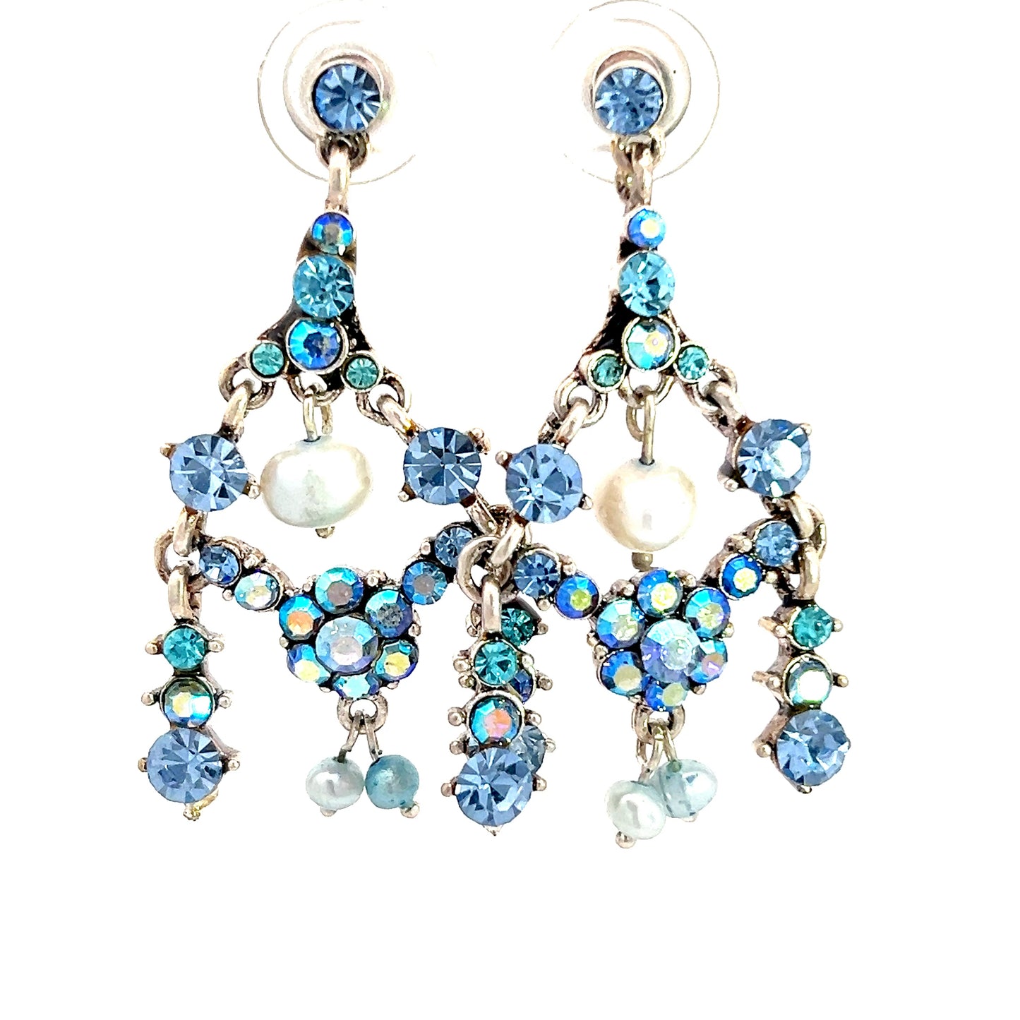 Blue Crystal Flower & Pearl Chandelier Earring - Born To Glam