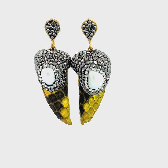 Load and play video in Gallery viewer, Yellow Python Leather &amp;amp; Pearl Crystal Earring
