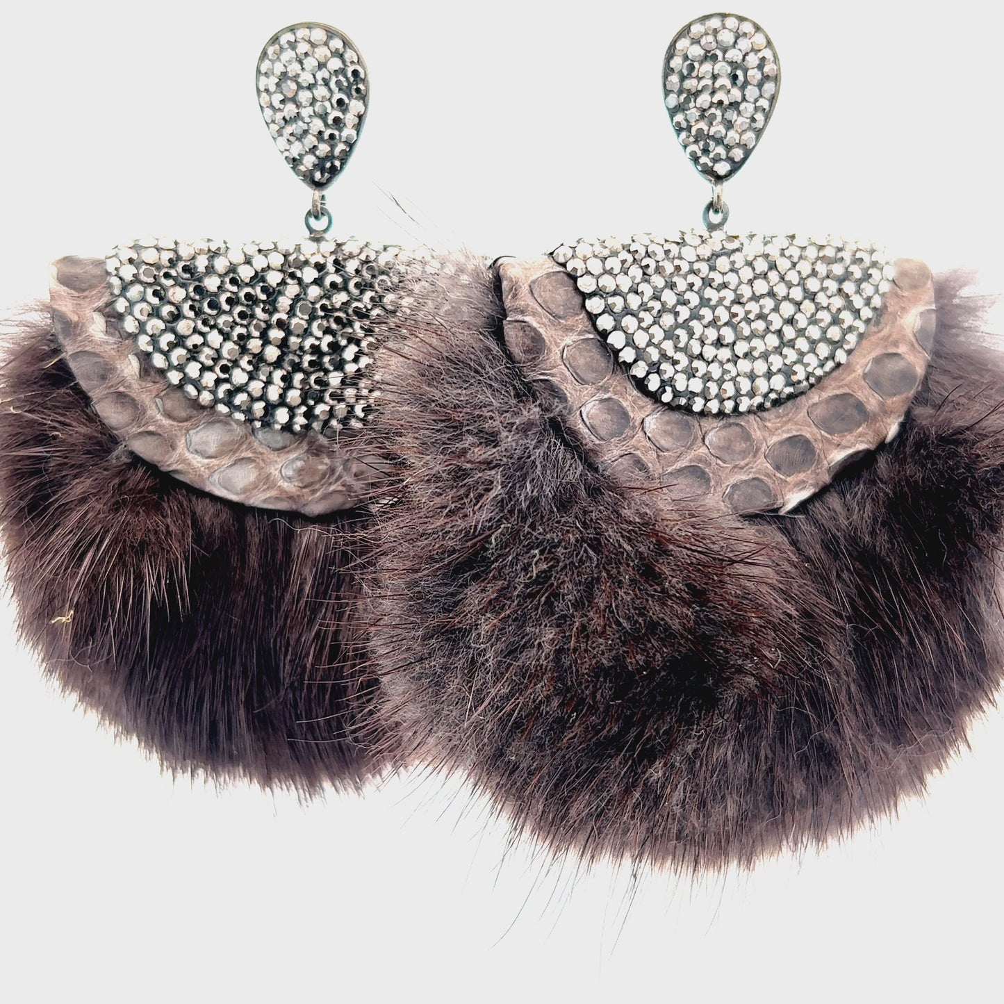Load and play video in Gallery viewer, Gray Luxe Fur and Crystal Statement Earring
