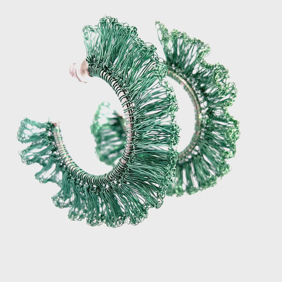 Load and play video in Gallery viewer, Green Ruffle Statement Hoops
