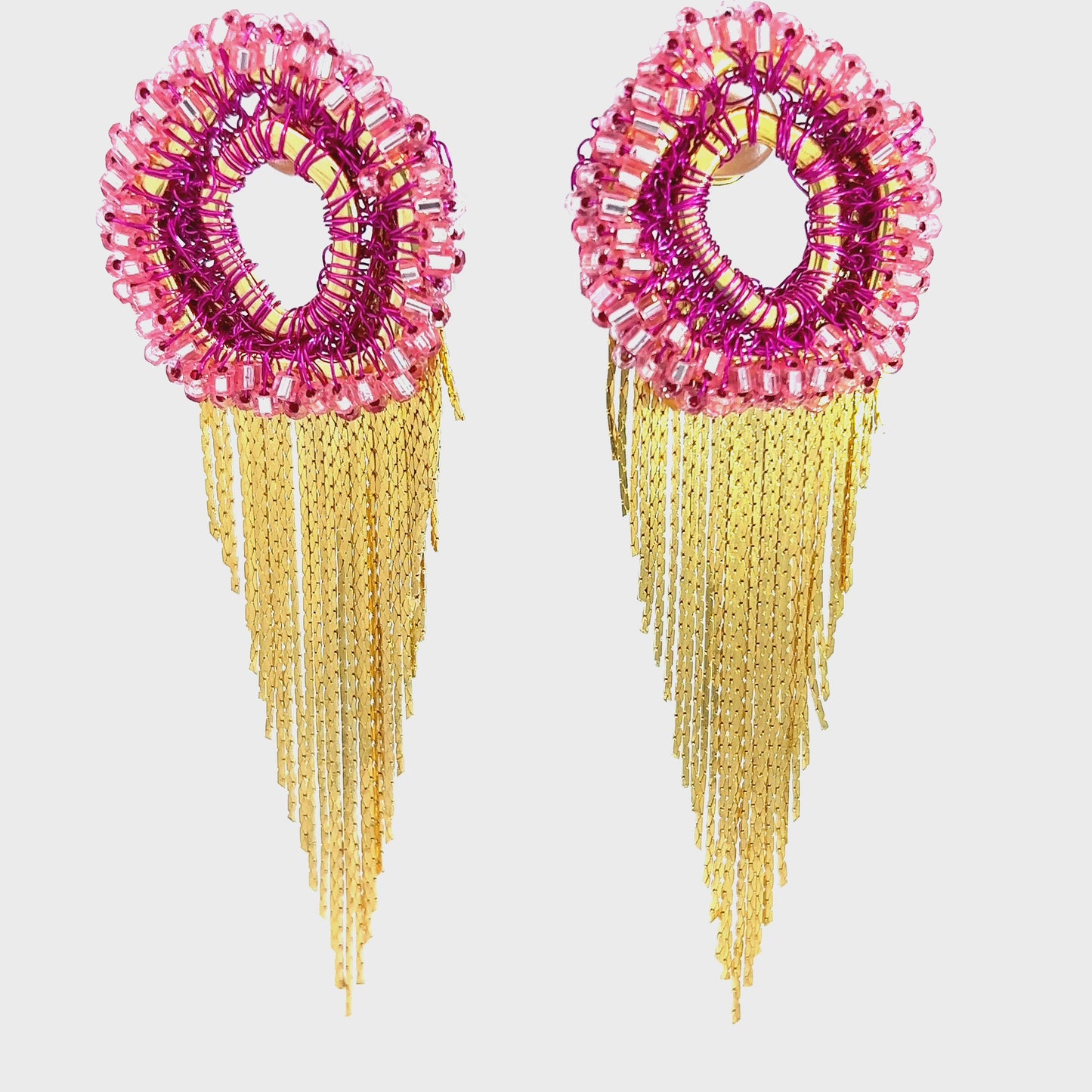Load and play video in Gallery viewer, Pink Crystal &amp;amp; Gold Fringe Earring
