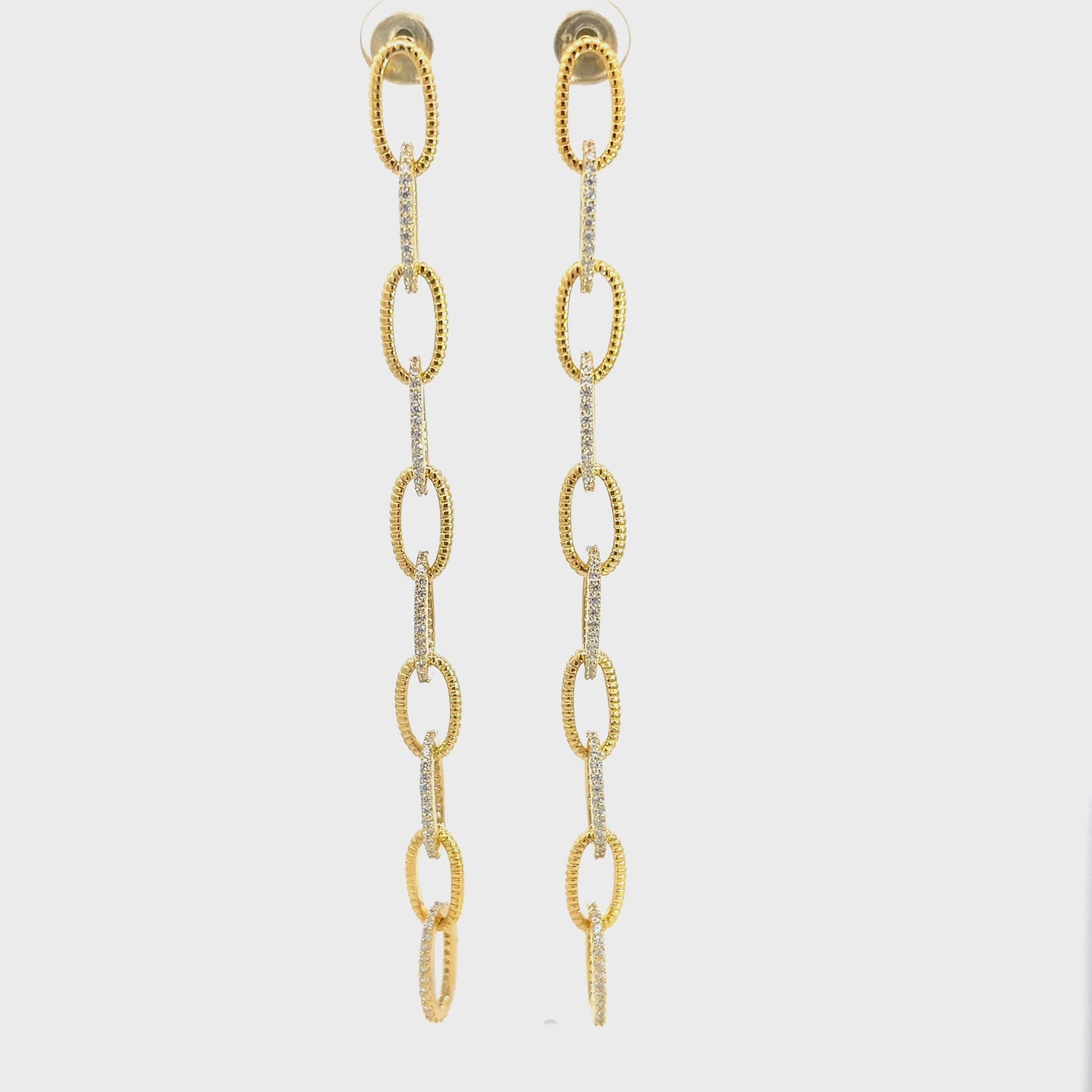 Load and play video in Gallery viewer, Gold Sterling Silver Chain Link CZ Long Earring

