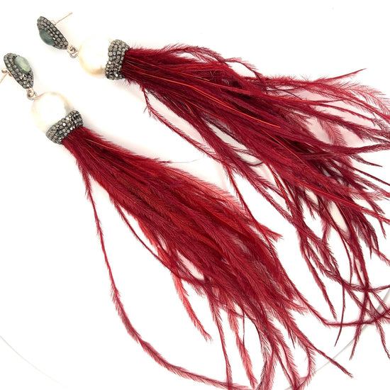 Red Feather Statement Earring with Crystals - Born To Glam