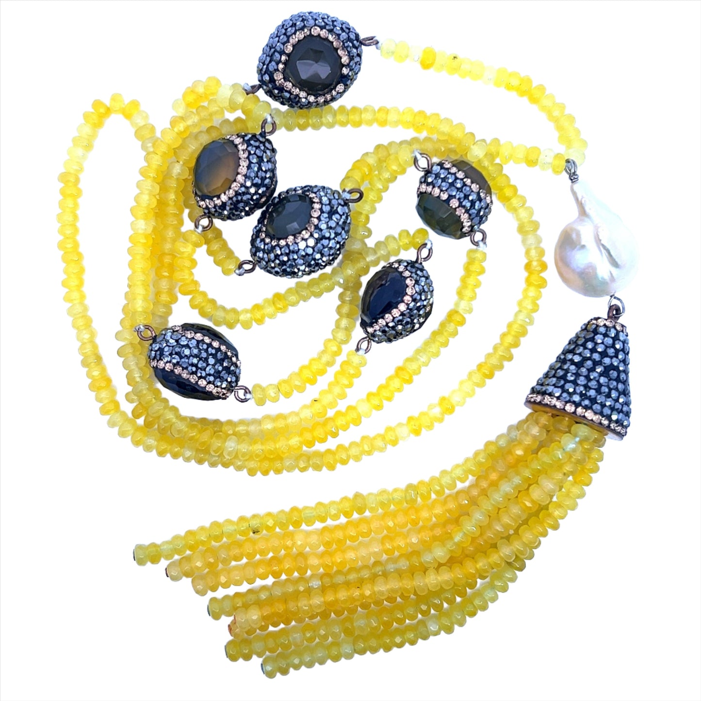Yellow Crystal & Gemstone Pearl Tassel Necklace