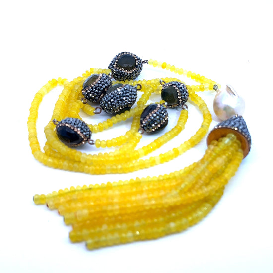 Yellow Crystal & Gemstone Pearl Tassel Necklace
