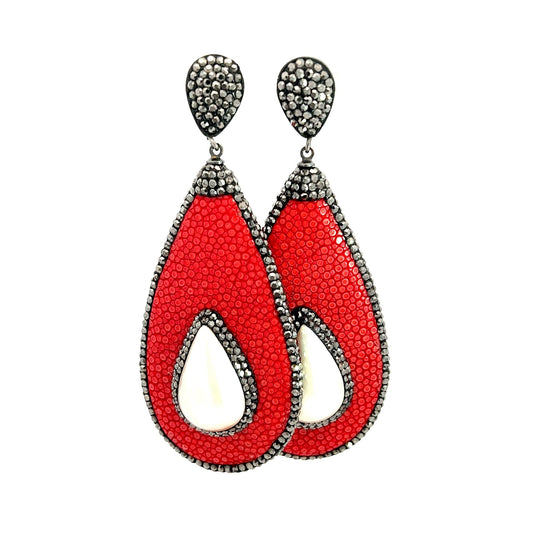 Red Shagreen Leather Pearl Earring - Born To Glam