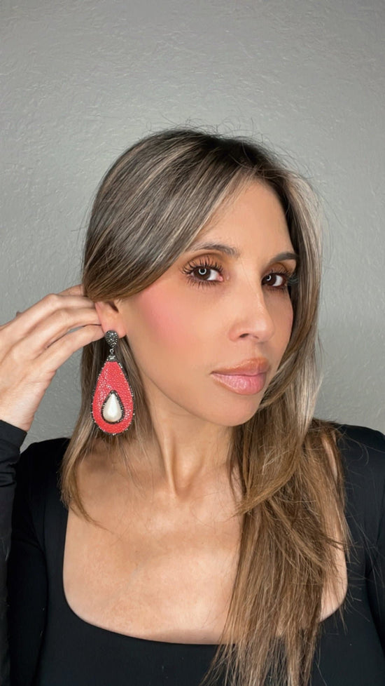 Red Shagreen Leather Pearl Earring - Born To Glam