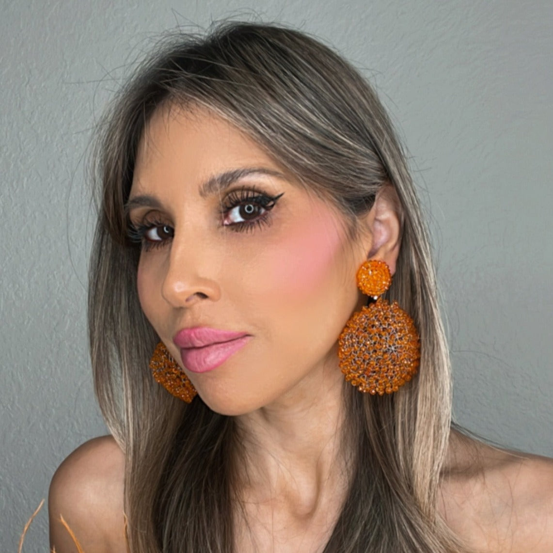Load image into Gallery viewer, Orange Crystal Sphere Statement Clip On Earring - Born To Glam

