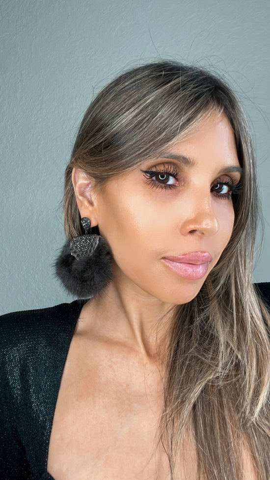 Dark Gray Luxe Fur and Crystal Statement Earring - Born To Glam