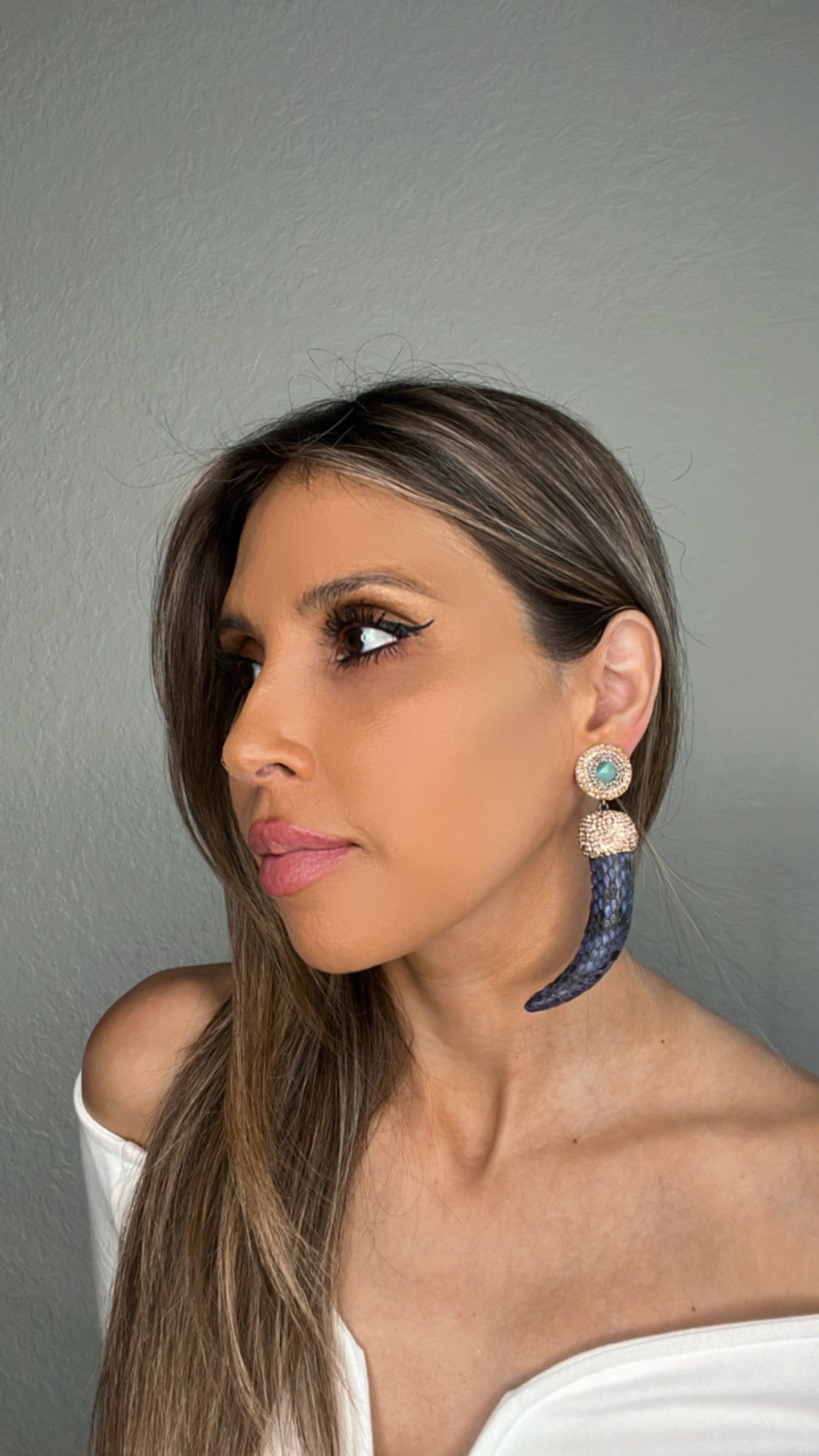 Load image into Gallery viewer, Purple Leather and Crystal Horn Dangle Earring - Born To Glam
