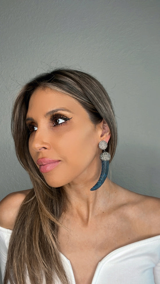 Load image into Gallery viewer, Navy Blue Leather and Crystal Horn Dangle Earring - Born To Glam
