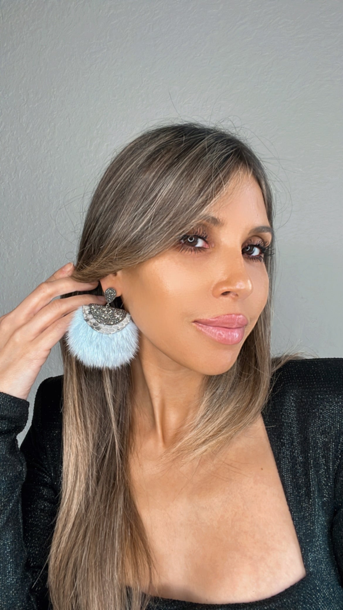 Load image into Gallery viewer, Frost Blue Luxe Fur and Crystal Statement Earring - Born To Glam
