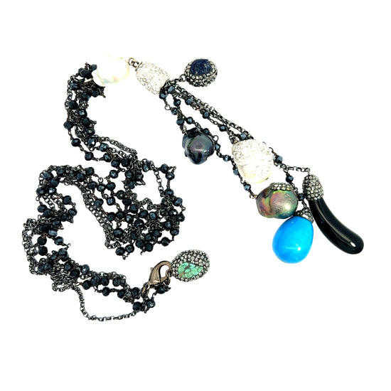 Long Crystal Black and Blue Gemstone Long Necklace - Born To Glam