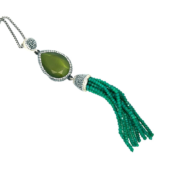 Load image into Gallery viewer, Olive Tourmaline Gemstone Tassel Pendant - Born To Glam
