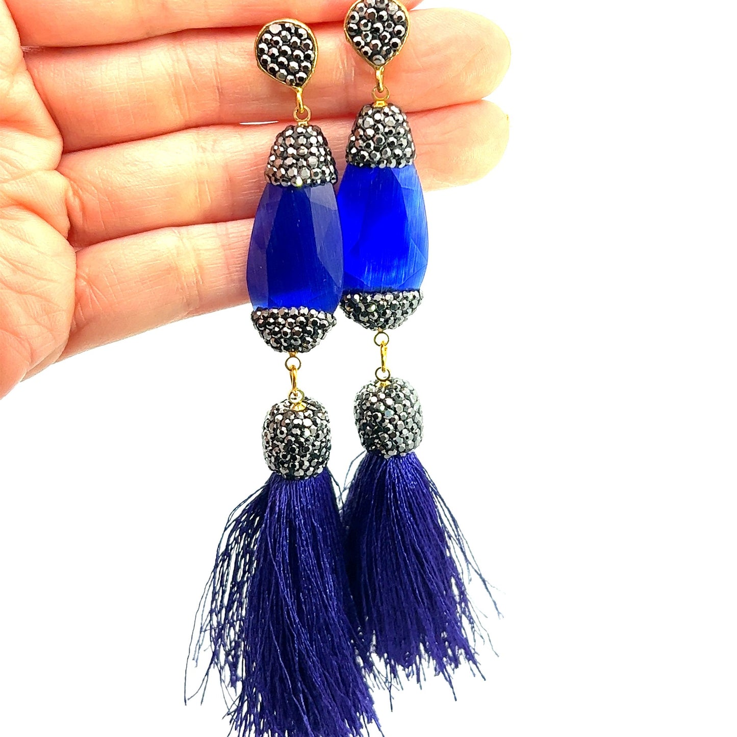 Load image into Gallery viewer, Royal Blue Gemstone &amp;amp; Crystal Long Tassel Earring - Born To Glam
