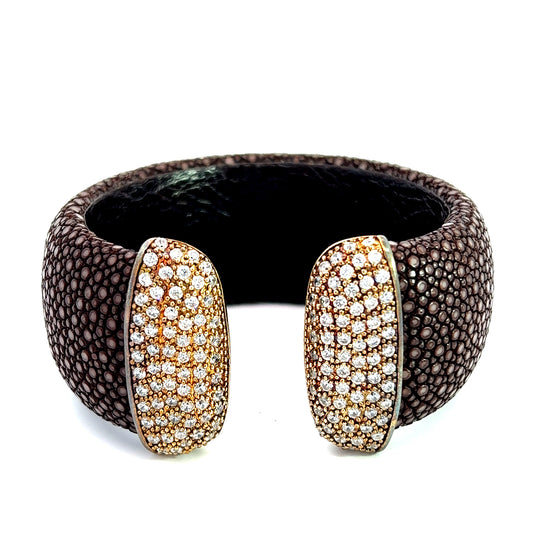 Brown Shagreen and Gold Crystal Cuff Bracelet - Born To Glam