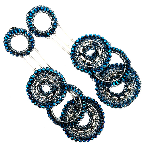 Navy Blue & Silver Long Crystal Statement Earring - Born To Glam