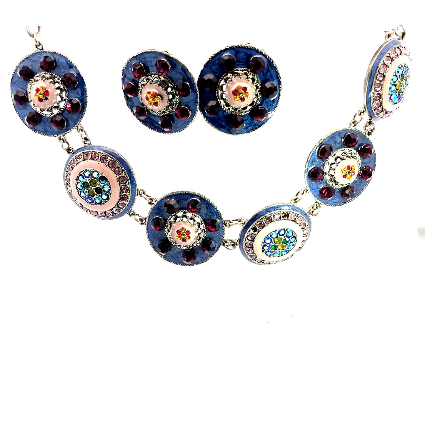 Load image into Gallery viewer, Blue and Purple Disc Crystal Necklace &amp;amp; Earring Set - Born To Glam
