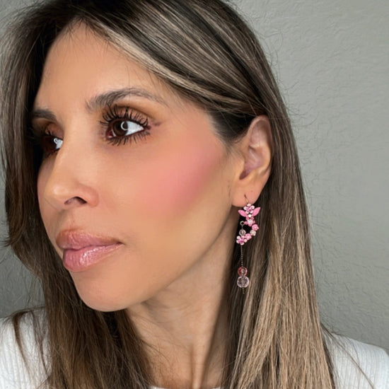 Pink Flower Leaf Dangle Earring - Born To Glam