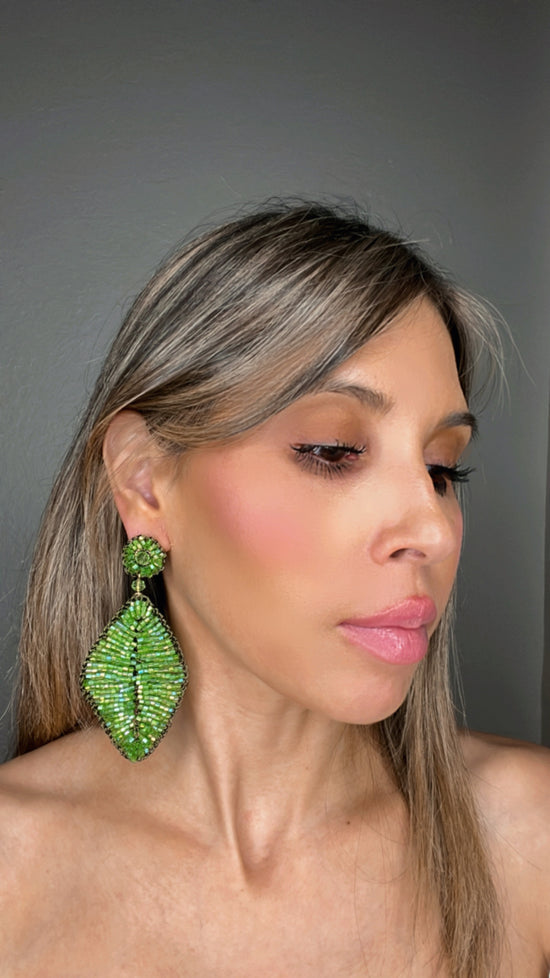 Load image into Gallery viewer, Green Crystal Leaf Statement Earring - Born To Glam
