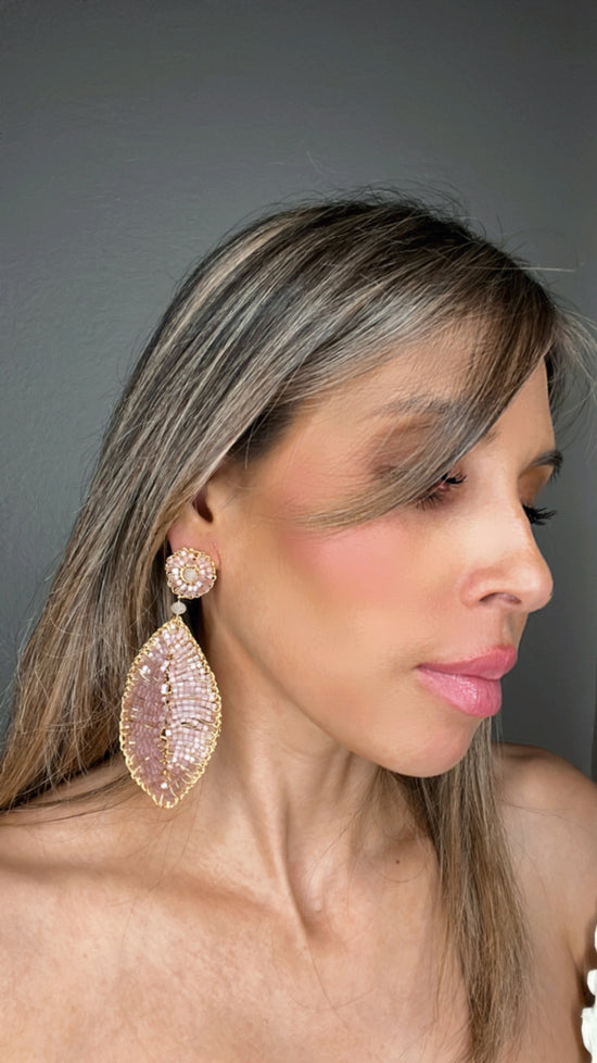 Soft Pink Crystal and Gold Leaf Statement Earring - Born To Glam