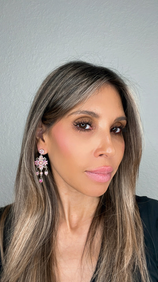 Load image into Gallery viewer, Pink &amp;amp; Iridescent Flower Crystal Chandelier Earrings - Born To Glam
