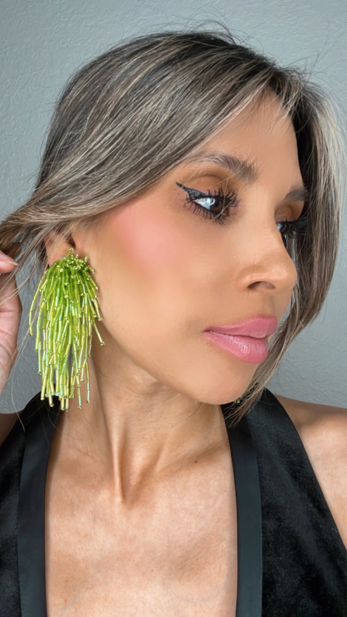 Load image into Gallery viewer, Lime Green Waterfall Crystal Statement Clip On Earring - Born To Glam
