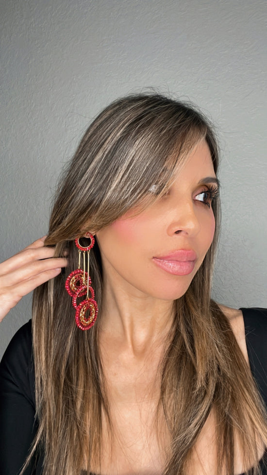 Red & Gold Long Crystal Statement Earring - Born To Glam